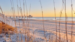 A beach with a pier extending into the water, sandy beach, and tall grasses in the foreground. - Southern Belle: Oceanfront | Surfside Beach Vacation Rental (Surfside Beach)