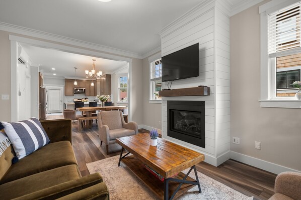 Smart TV, fireplace, books