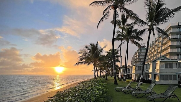 A beachfront hotel with palm trees, a sunset, and a pool area. - Beachfront Condo with Amazing View (Hauula)