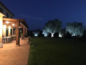 Un espace patio agrémenté d’une pergola en bois, de sièges d’extérieur et d’un jardin bien éclairé avec des arbres.