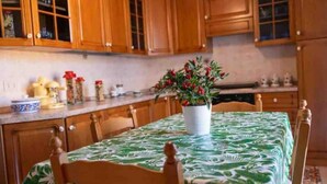 Una cocina con armarios de madera, una mesa de comedor con mantel verde y una planta en maceta.