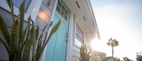 A house with a turquoise door, potted plants, and a clear sky.