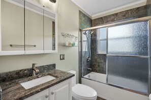 Hair dryer, towels, soap, shampoo