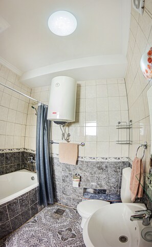 Hair dryer, towels, soap, shampoo