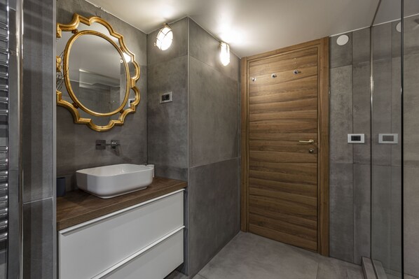 Shower, hair dryer, bidet, towels
