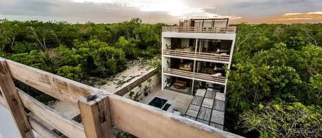 A modern multi-story building with a flat roof, surrounded by dense greenery.