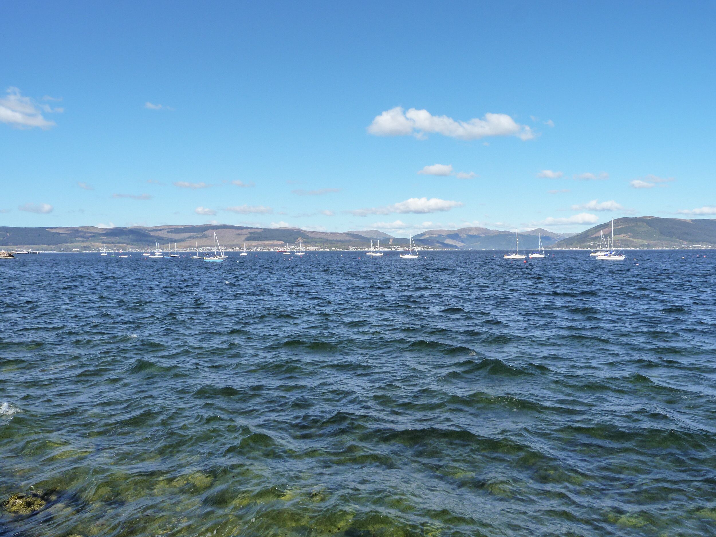 A coastal view with multiple sailboats on the water, a clear sky, and distant hills.