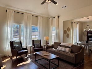 Smart TV, fireplace, books
