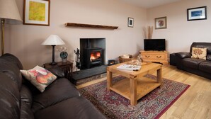 Una sala de estar con chimenea, sofá, mesa de centro y televisor.