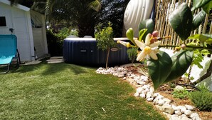 A backyard with a small tree, a water feature, and a grill.