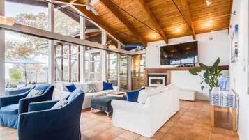 Smart TV, fireplace, books