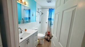 Hair dryer, towels, soap, toilet paper