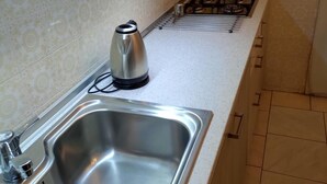 Un évier de cuisine en acier inoxydable, équipé d’un robinet, d’une bouilloire et d’une cuisinière.