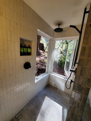 Douche, séchoir à cheveux, serviettes fournies, savon