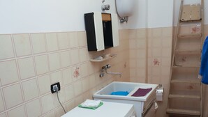 Un espace buanderie comprenant un lave-linge, un évier et une poubelle bleue.