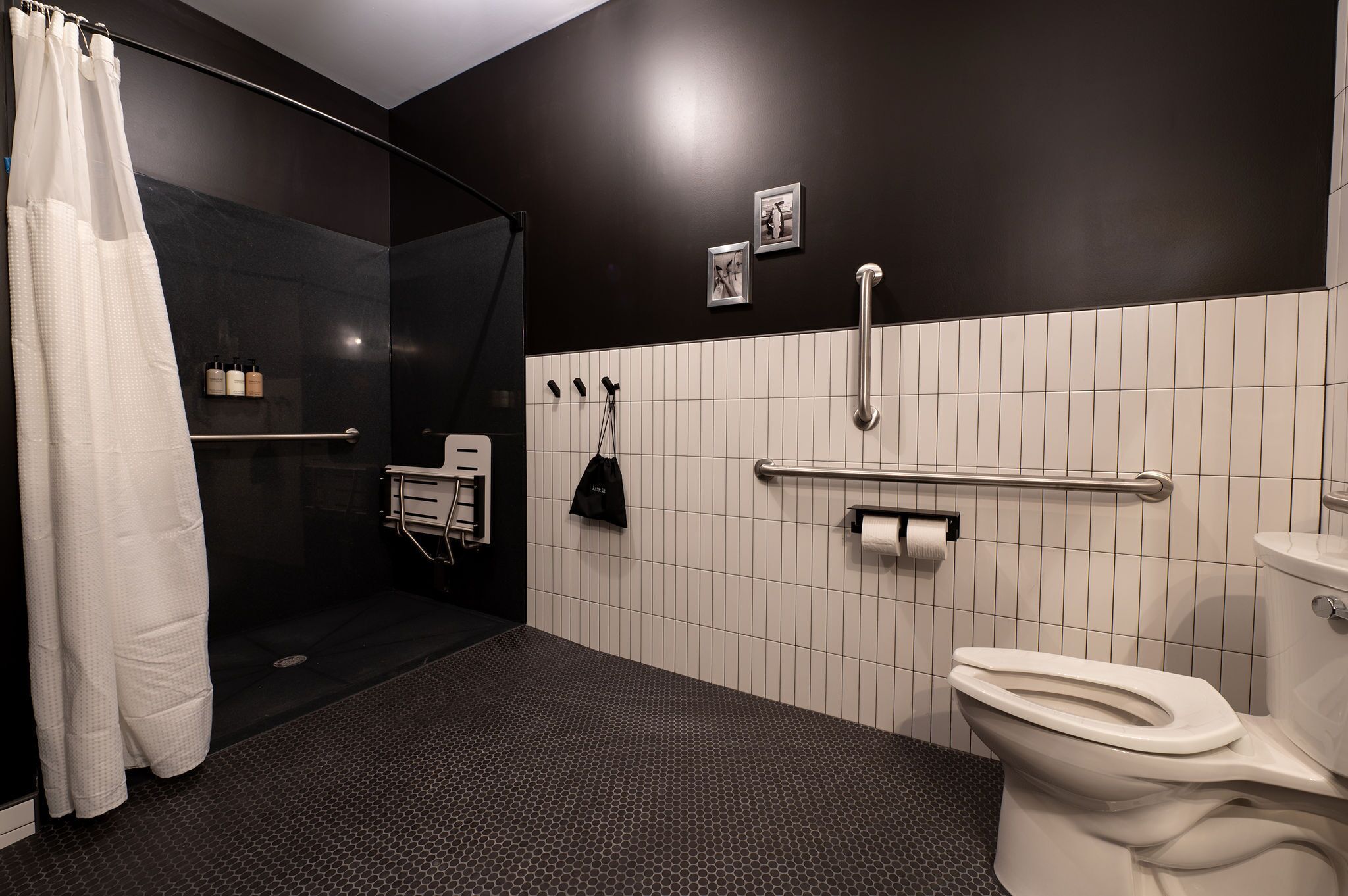 A modern bathroom with a shower, toilet, and handrails.