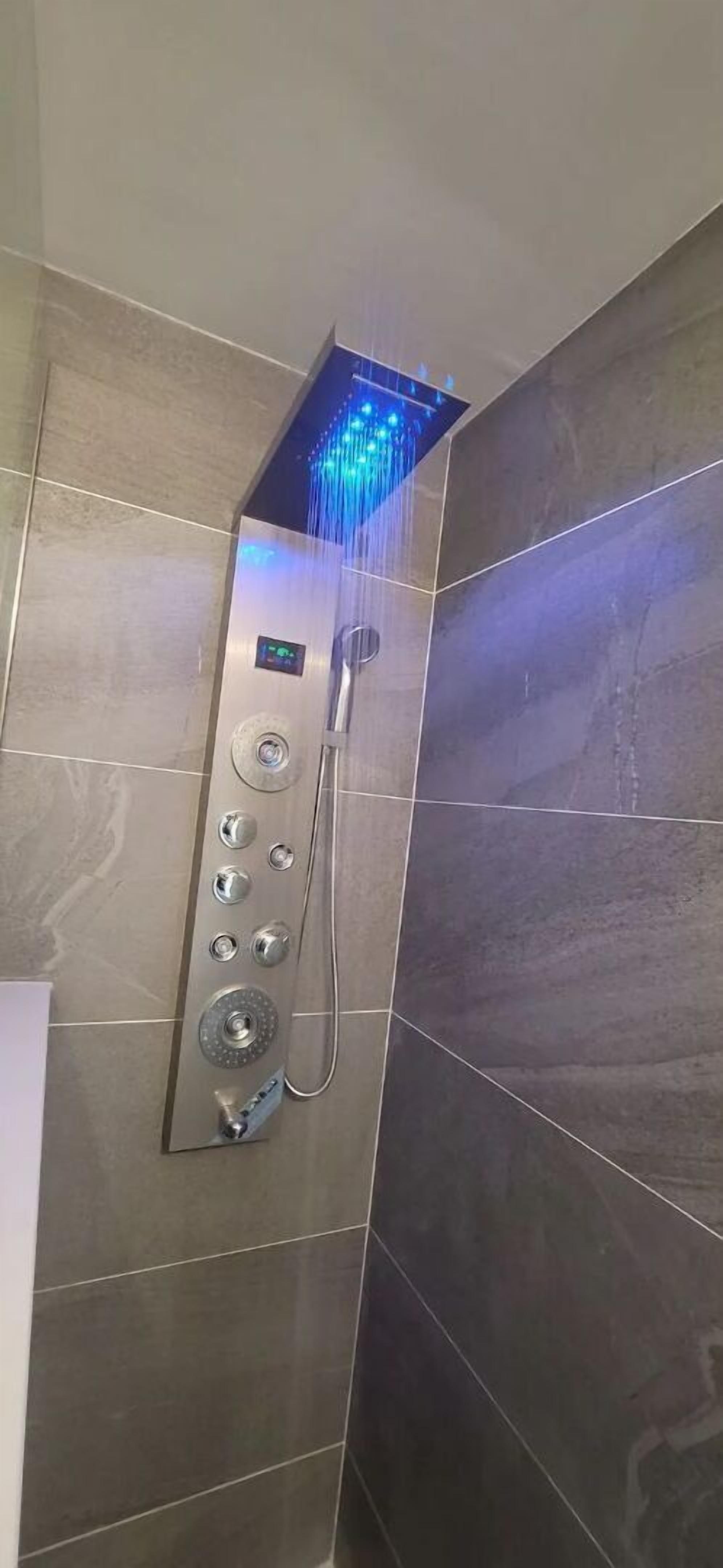 Shower, hair dryer, towels, shampoo