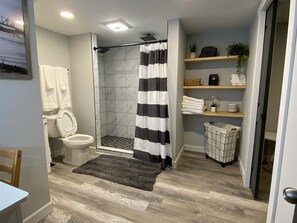 Dusche, Haartrockner, Handtücher, Seife