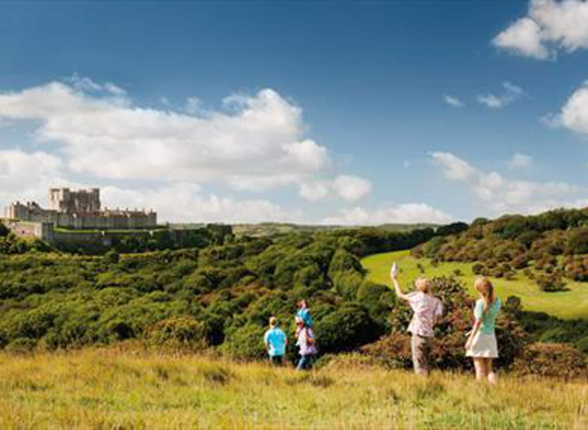 A castle on a hill with lush greenery and a clear sky.