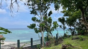 A coastal pathway leading to a beach with a fence and trees. - Casa Amihan (Anda)