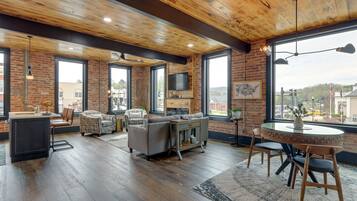 TV, fireplace, books