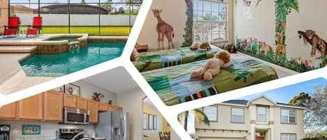 En pool med röda stolar, ett sovrum med en väggmålning av en giraff, ett kök med träskåp och ett hus med en röd dörr.