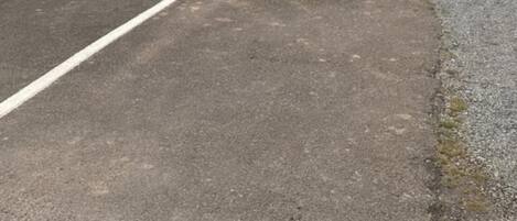 Un terrain de camping pour caravanes comprenant une seule caravane, un espace de stationnement dallé et un chemin bordé de pelouse.