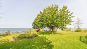 A grassy area with a large tree and a bench near a body of water. - Your Superior Vacation Destination  (Ontonagon)