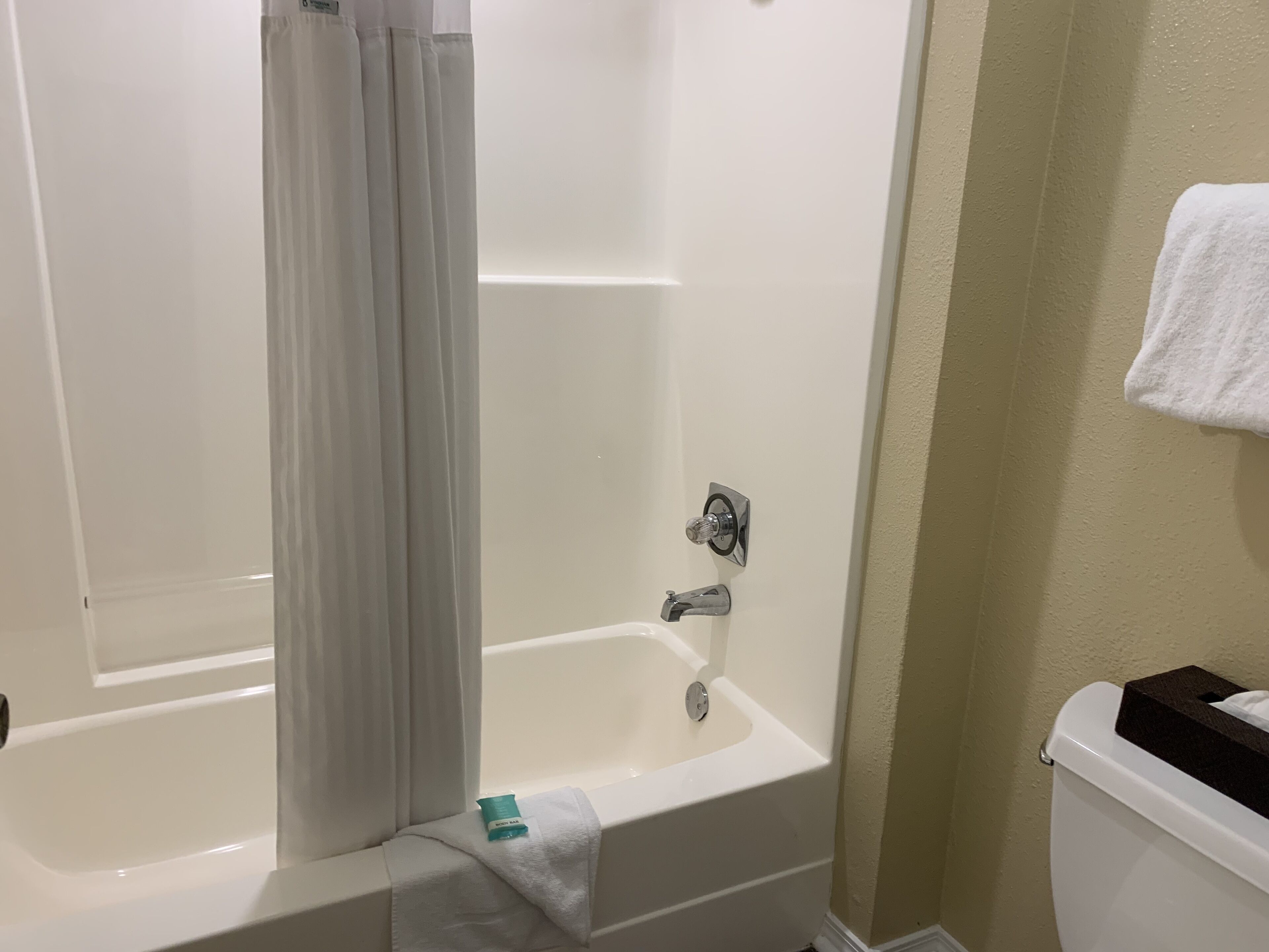 A bathroom with a bathtub, a toilet, and a shower curtain.