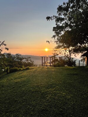 A grassy outdoor area with a gazebo and a tree. - one of african kind (fort portal)