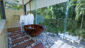 Un baño exterior moderno con un lavabo grande de madera, escalones de piedra y una zona con paredes de cristal que ofrece vistas de exuberante vegetación.