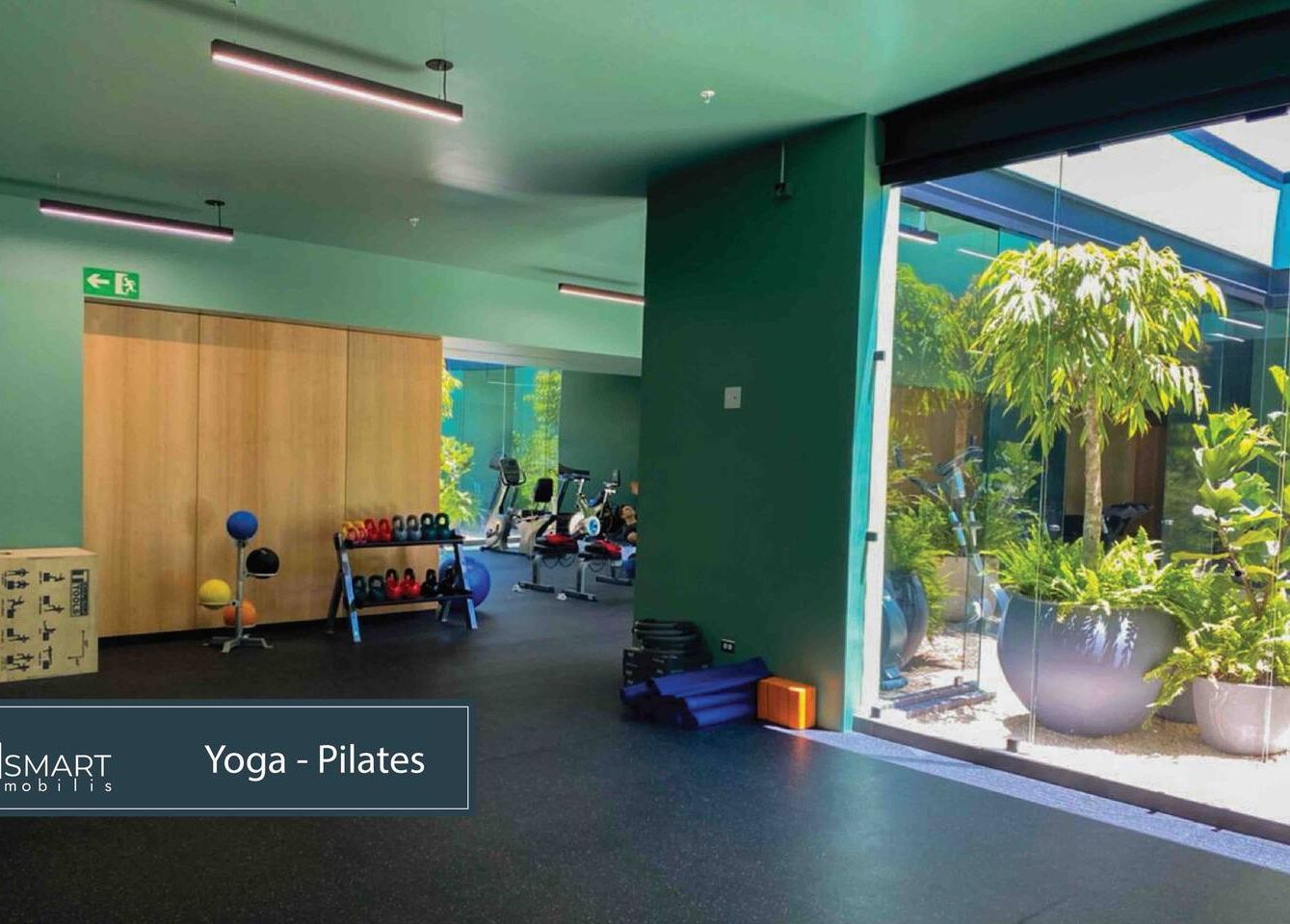 Estudio de yoga y pilates con equipo de ejercicio, pared de madera y grandes ventanales con vistas a zonas verdes.