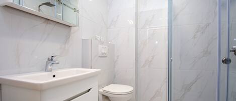 A modern bathroom with a glass shower enclosure, a white sink, and a toilet.
