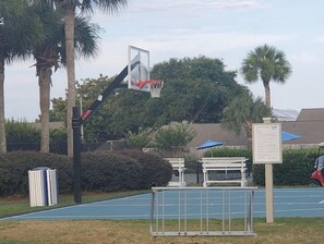 Un terrain de basket en plein air, doté d’un panier, entouré de palmiers et délimité par une clôture.