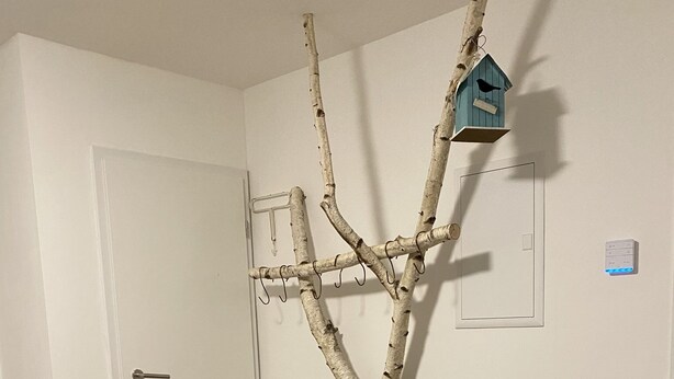 Ein Zimmer mit weißer Tür, einem Sessel, einem Teppich und einem dekorativen Ast mit Haken sowie einem Vogelhaus an der Wand.
