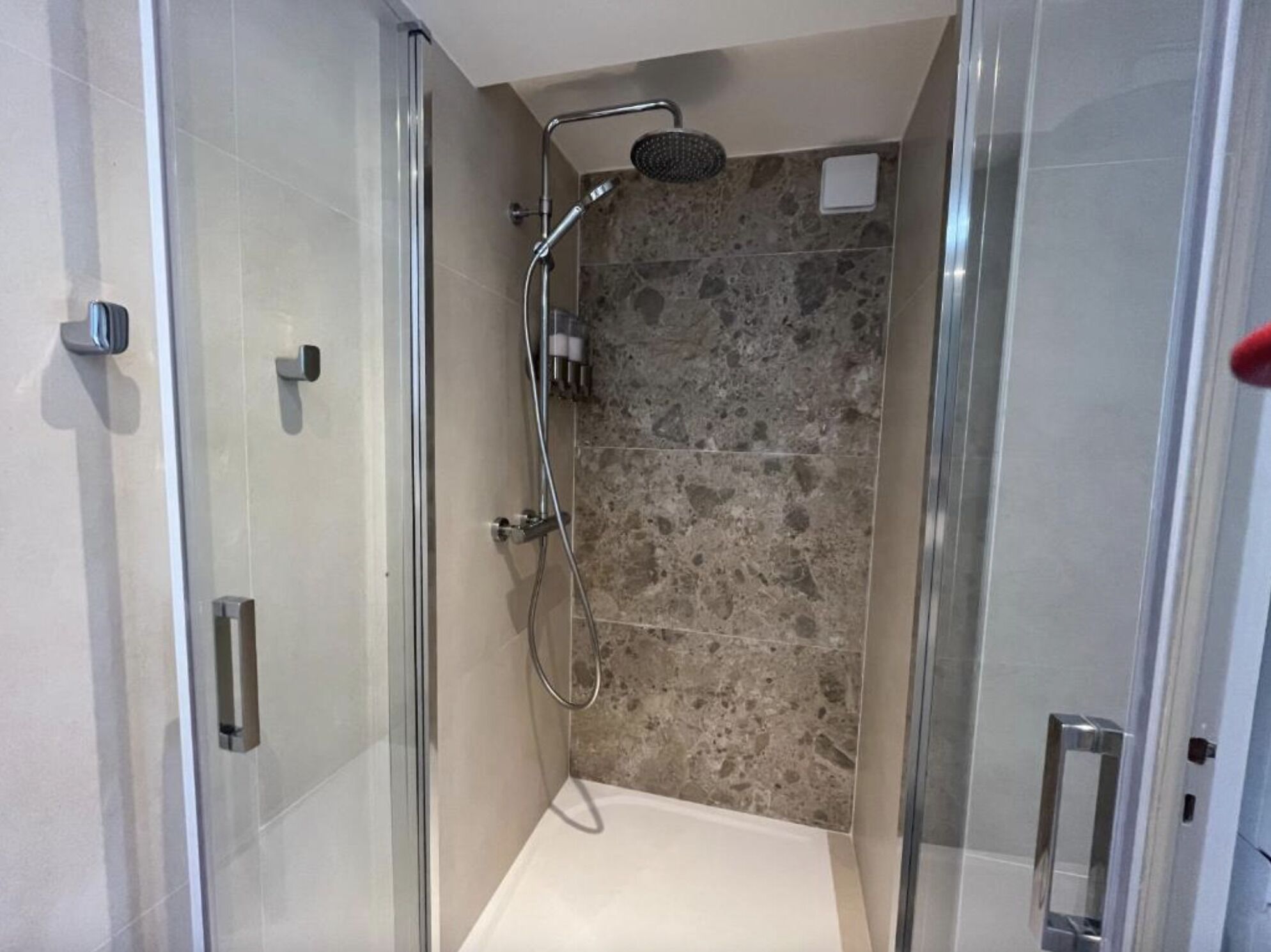 A glass-enclosed shower stall with a handheld showerhead, a wall-mounted rain showerhead, and a handheld scrubber.
