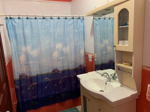 Hair dryer, towels, soap, toilet paper