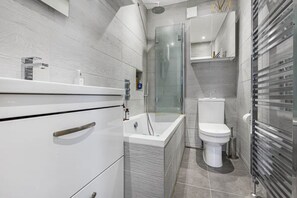 Hair dryer, towels, soap, shampoo