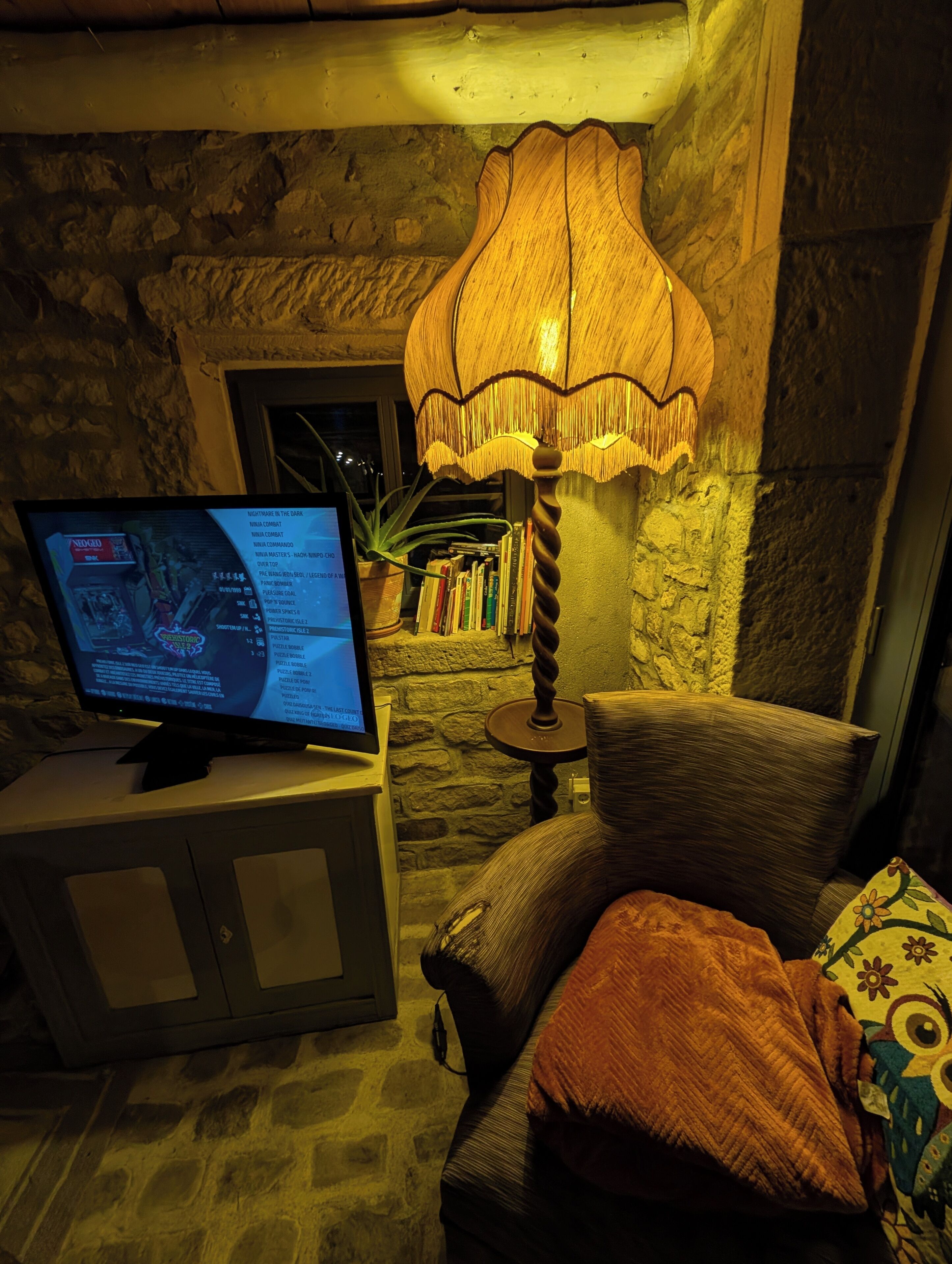 Una habitación acogedora con pared de piedra, un televisor mostrando un partido, una lámpara y una estantería.