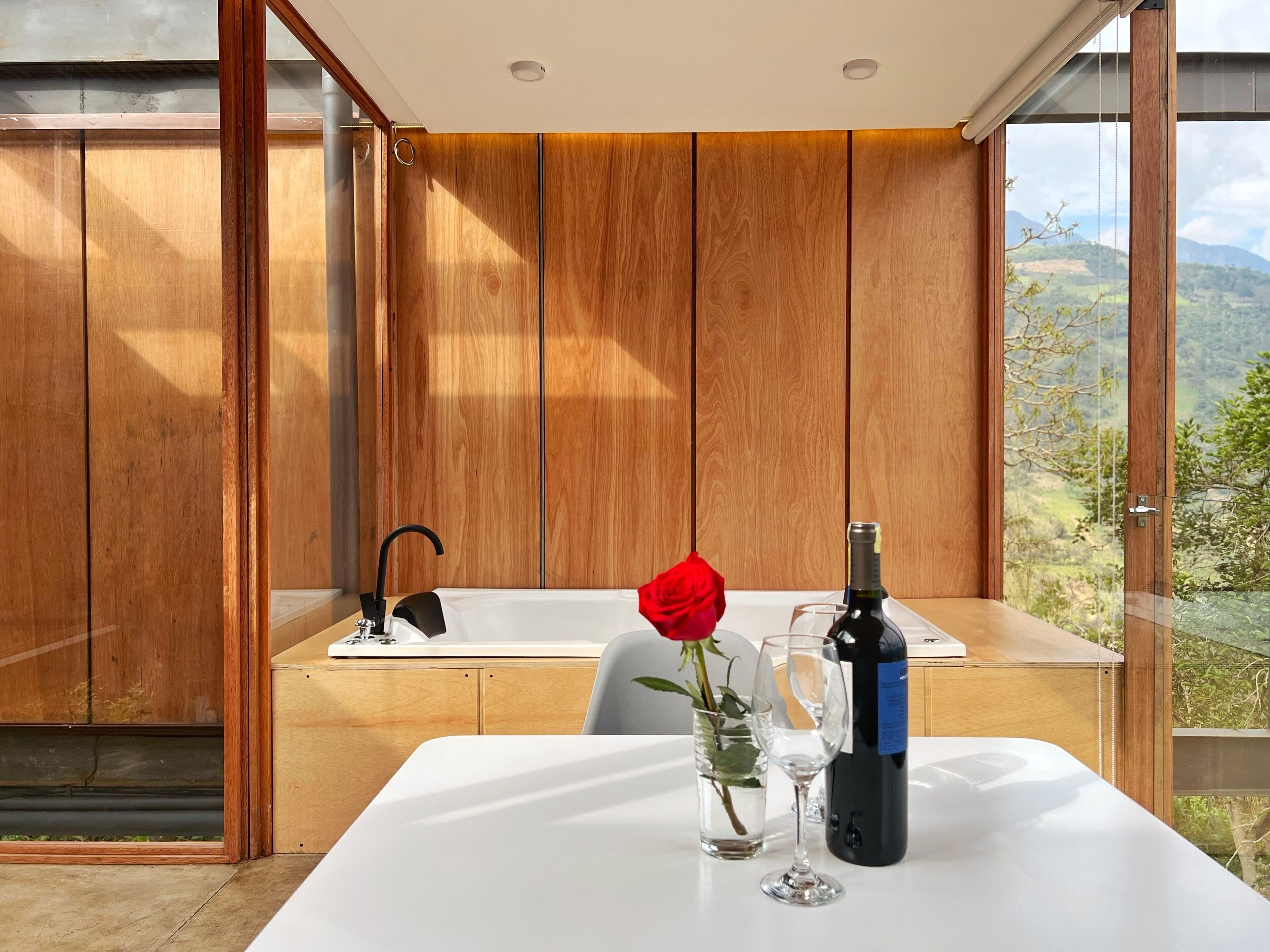 Una habitación moderna con un panel de madera, una bañera y una mesa con una botella de vino y una copa.