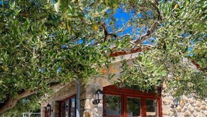 A stone building with a wooden door and windows, surrounded by trees and a stone wall. - Villa Rab Hills with Swimming Pool (Rab)