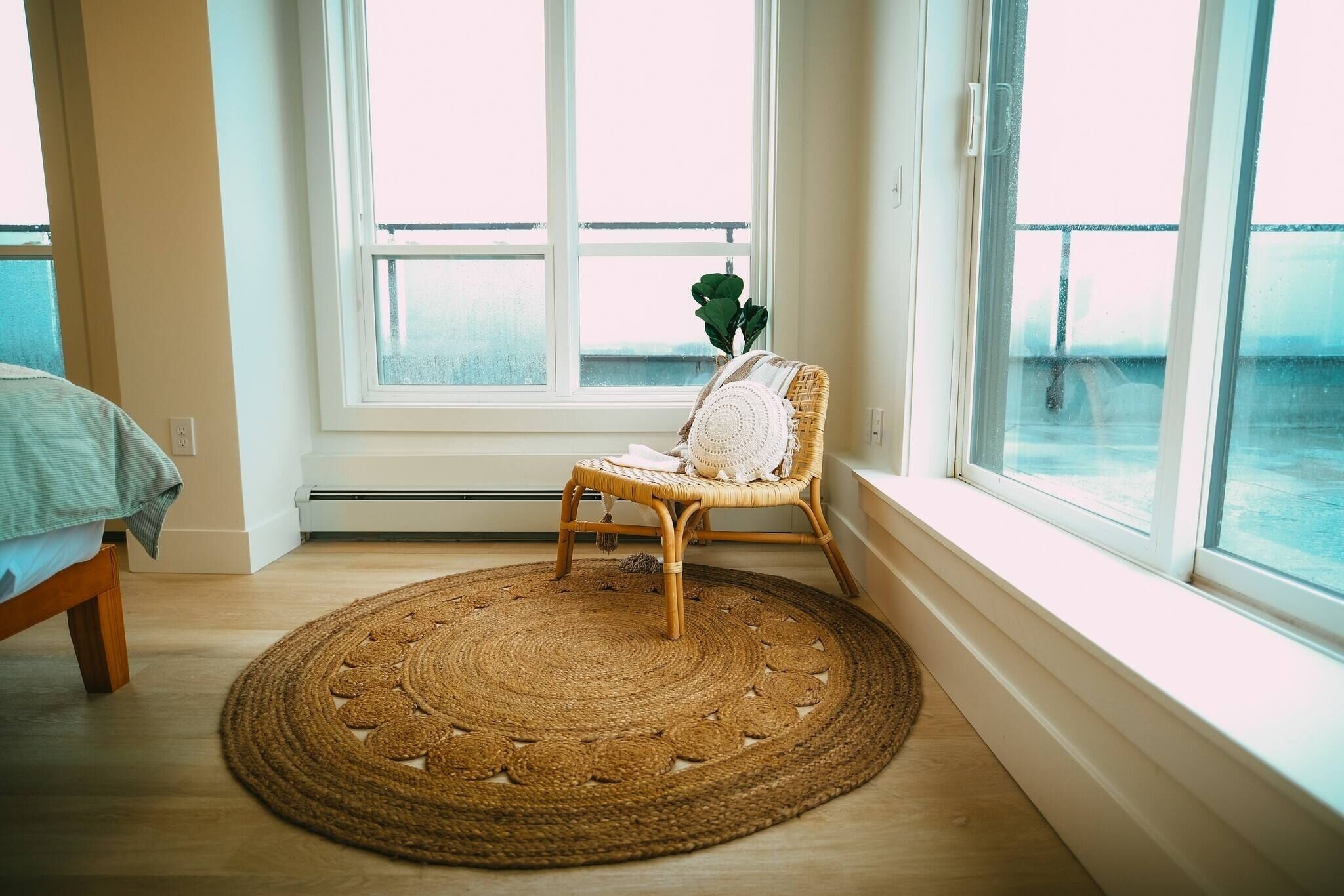 A room with a large window, a wicker chair, a woven rug, and a bed.
