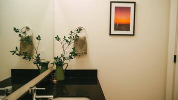 A bathroom with a black countertop, a sink, a mirror, a framed picture, and two green plants.
