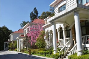 A row of white colonial-style buildings with arched windows and a central pink flowering tree.