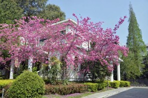A building with a garden in front, surrounded by trees and a clear sky. - Yunnan Cadre Sanatorium (Anning)
