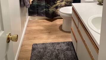 Hair dryer, towels, toilet paper