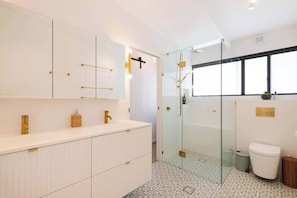 Shower, hair dryer, shampoo