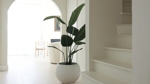 A modern interior with a staircase, a potted plant, and a chair in a bright hallway. - Mr. Nomad: Casa Bohem in Uptown (Dallas)