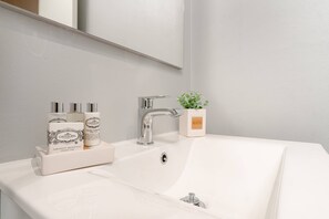 Un lavabo blanc dans une salle de bain, doté d’un robinet moderne, avec un miroir au-dessus et une petite plante dans un vase blanc.