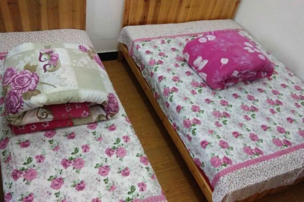 Two single beds with floral bedding and pink pillows.